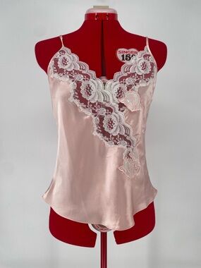 VTG Gold Label Victoria’s Secret Light Pink Satin Cami Top W/ Lace & Appliqué
